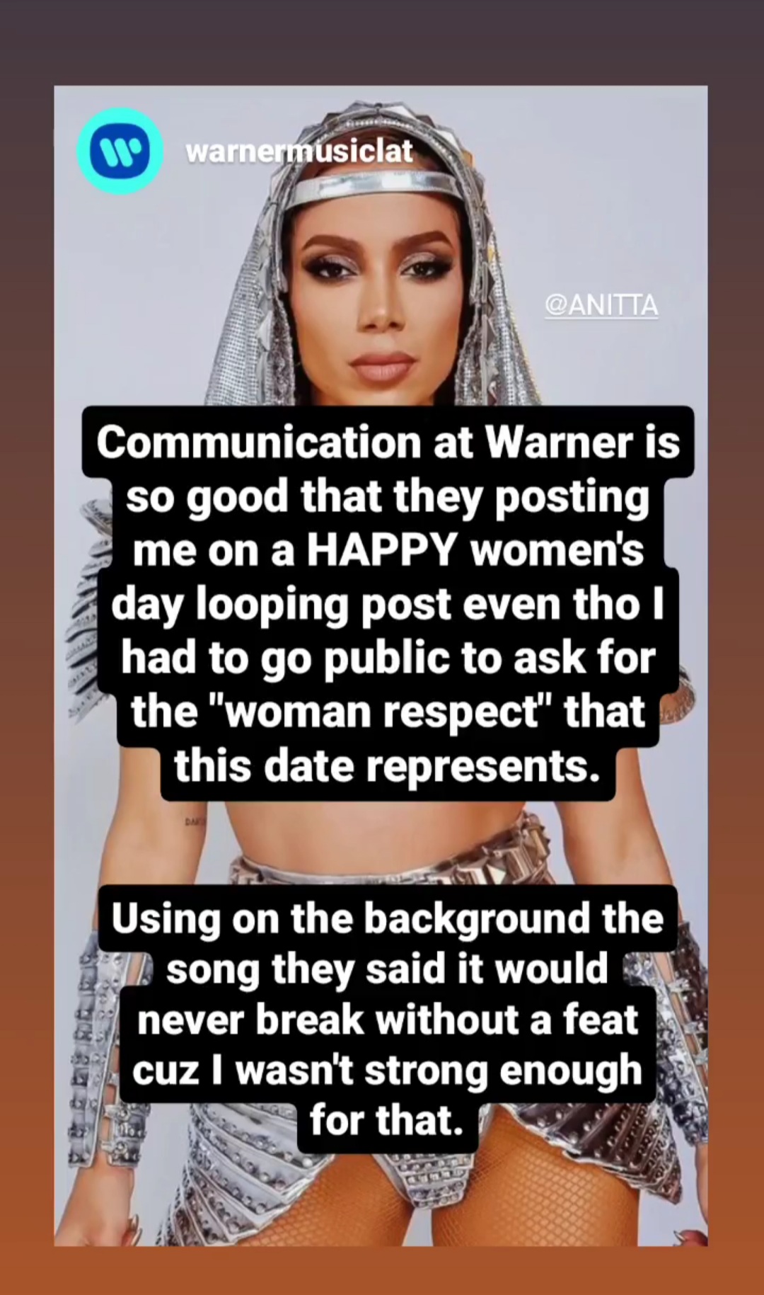 Warner Music celebra Dia Internacional das Mulheres com imagem de Anitta. (Foto: Reprodução/ Instagram) Lorena Bueri