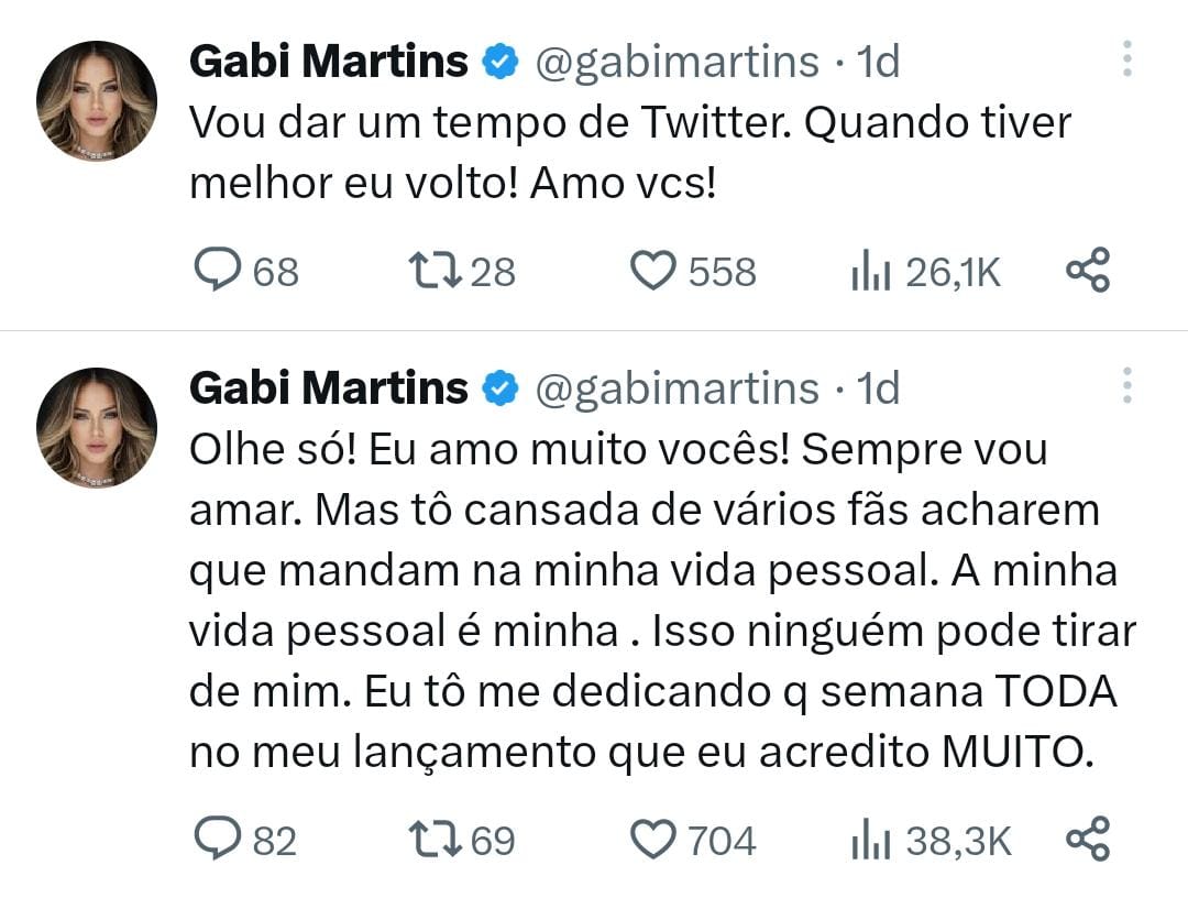 Gabi Martins faz desabafo e comunica seu afastamento do twitter. Foto: Reprodução/Twitter/@gabimartins Lorena Bueri
