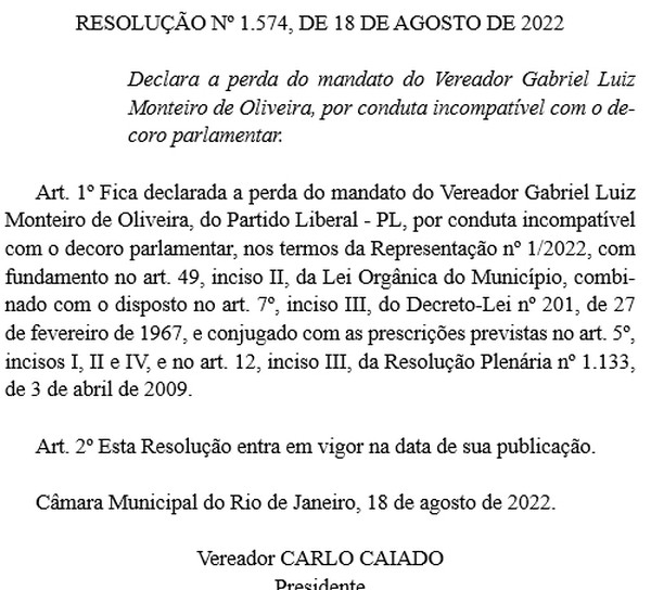 Cassação de Gabriel Monteiro é publicada no Diário Oficial da Câmara de Vereadores do Rio de Janeiro. (Foto: Reprodução/ Diário Oficial da Câmara de Vereadores do Rio de Janeiro)