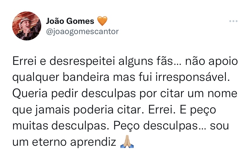 João Gomes pede desculpas após polêmica. (Foto: Reprodução/Twitter)