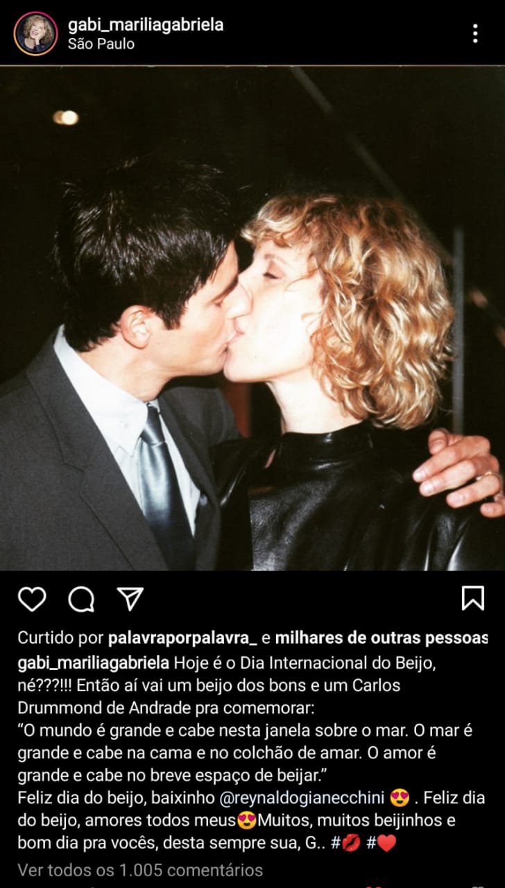Marília Gabriela em foto beijando Reynaldo Gianecchini (Reprodução/Instagram).