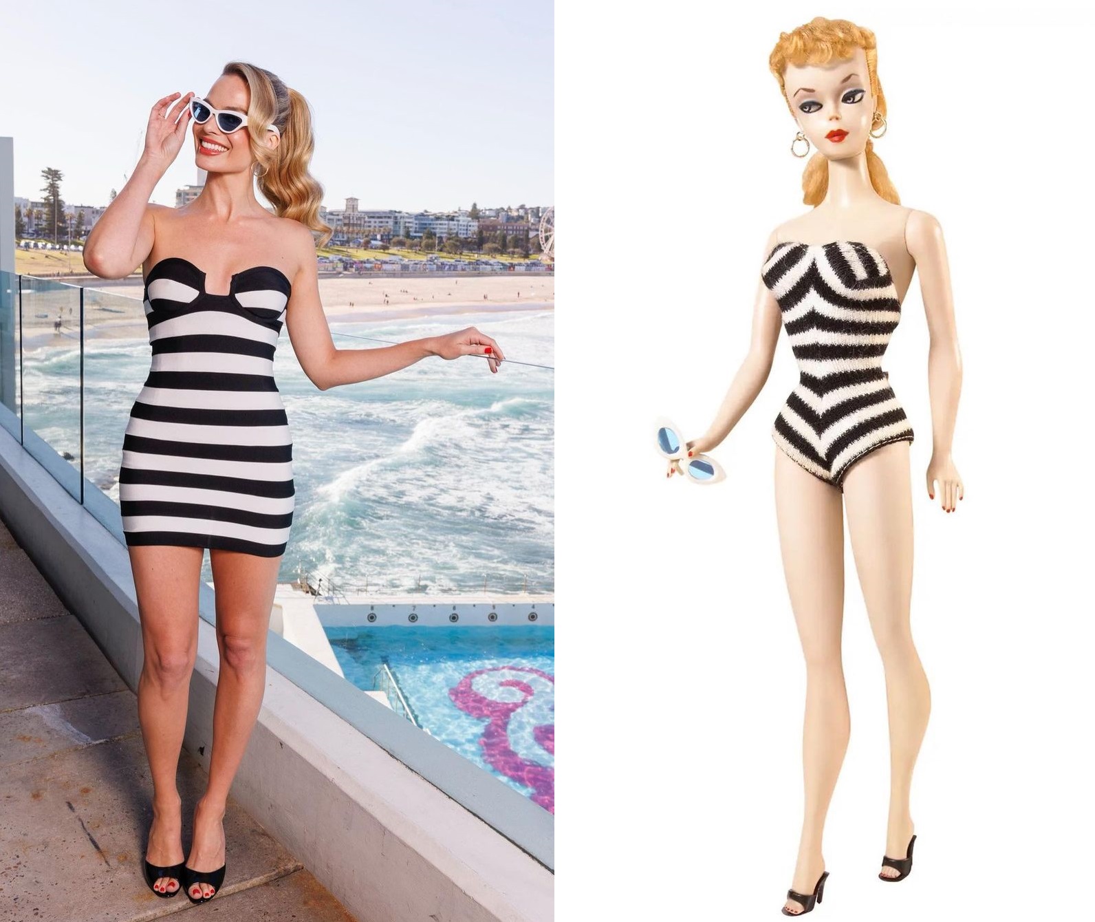 Look praia da primeira Barbie virou vestido tubinho na versão de Margot Robbie (Foto: Reprodução/Instagram @andrewmukamal)