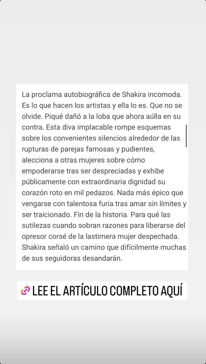 Artigo do El Herado compartilhado por Shakira. Foto: Reprodução/Instagram/@shakira