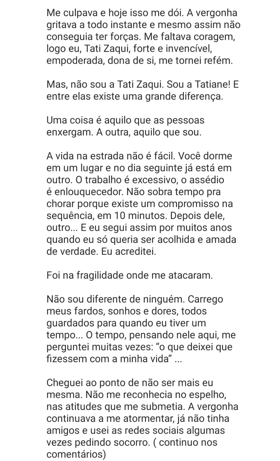 Carta aberta publicada por Tati Zaqui. Foto: Reprodução/Instagram/@tatizaqui Lorena Bueri