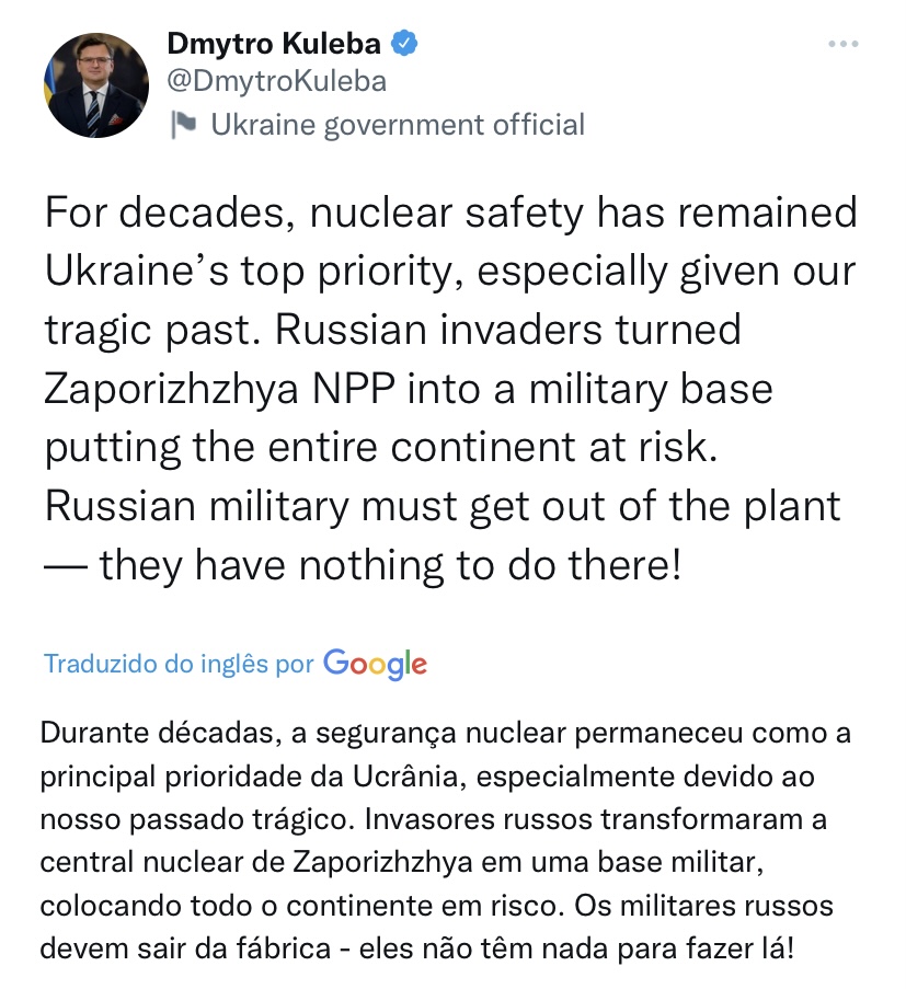 ministro das Relações Exteriores da Ucrânia, Dmytro Kuleba, por meio de suas redes sociais pediu que os militares russos deixem a fábrica. (Foto: Reprodução/Twitter)