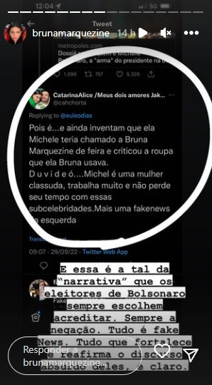 Bruna e seu stories do Instagram. (Foto: Reprodução/Instagram)