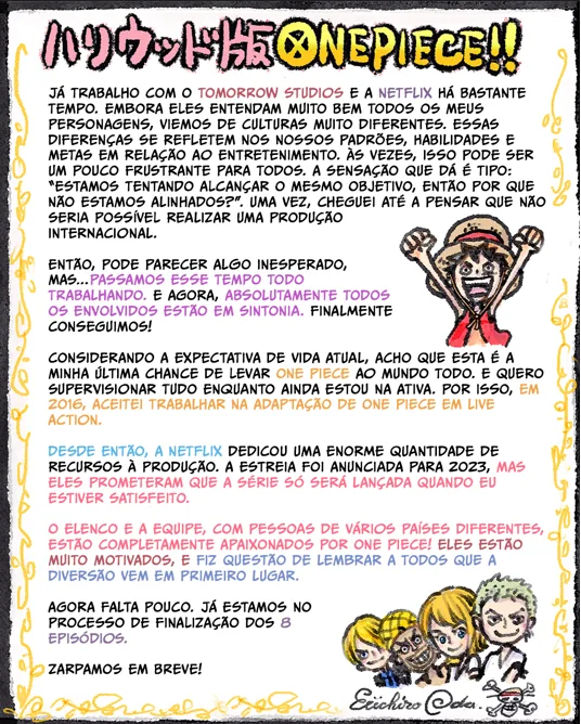 One Piece: Criador atualiza fs em carta sobre srie liveaction