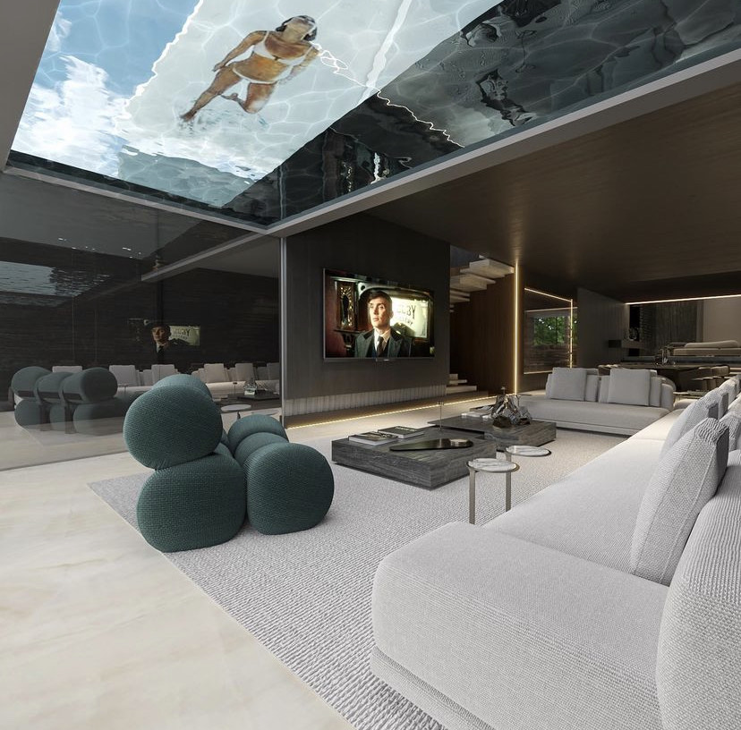 Piscina de vidro no teto da sala da mansão de Léo Santana e Lore Improta (Reprodução/Instagram)