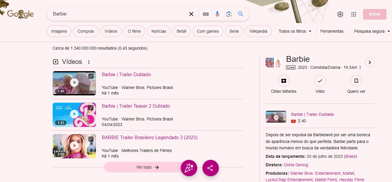 Google fica rosa quando pesquisa por Barbie