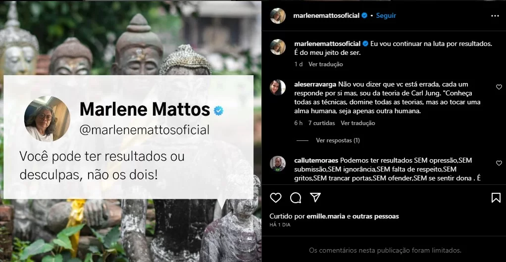 Foto: Marlene Mattos posta indireta após receber criticas (Reprodução/Instagram/@marlenemattosoficial)