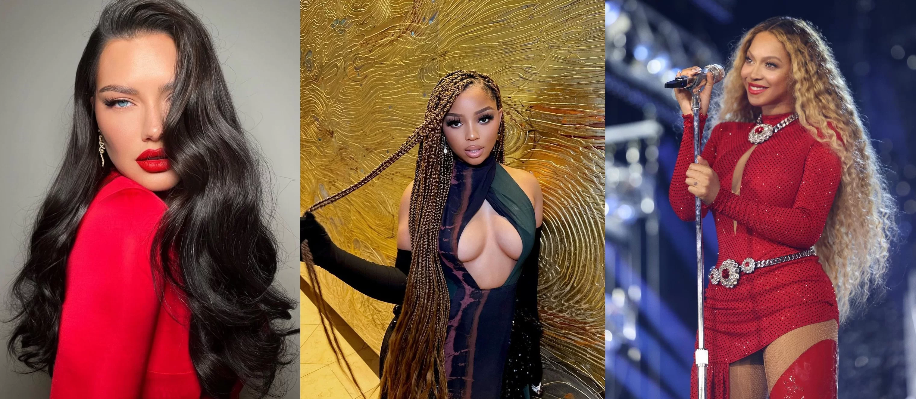 Adriana Lima, Chloe Bailey e Beyoncé apostam no cabelo longo (Foto: Reprodução/Instagram @adrianalima, @chloebailey e @beyonce)