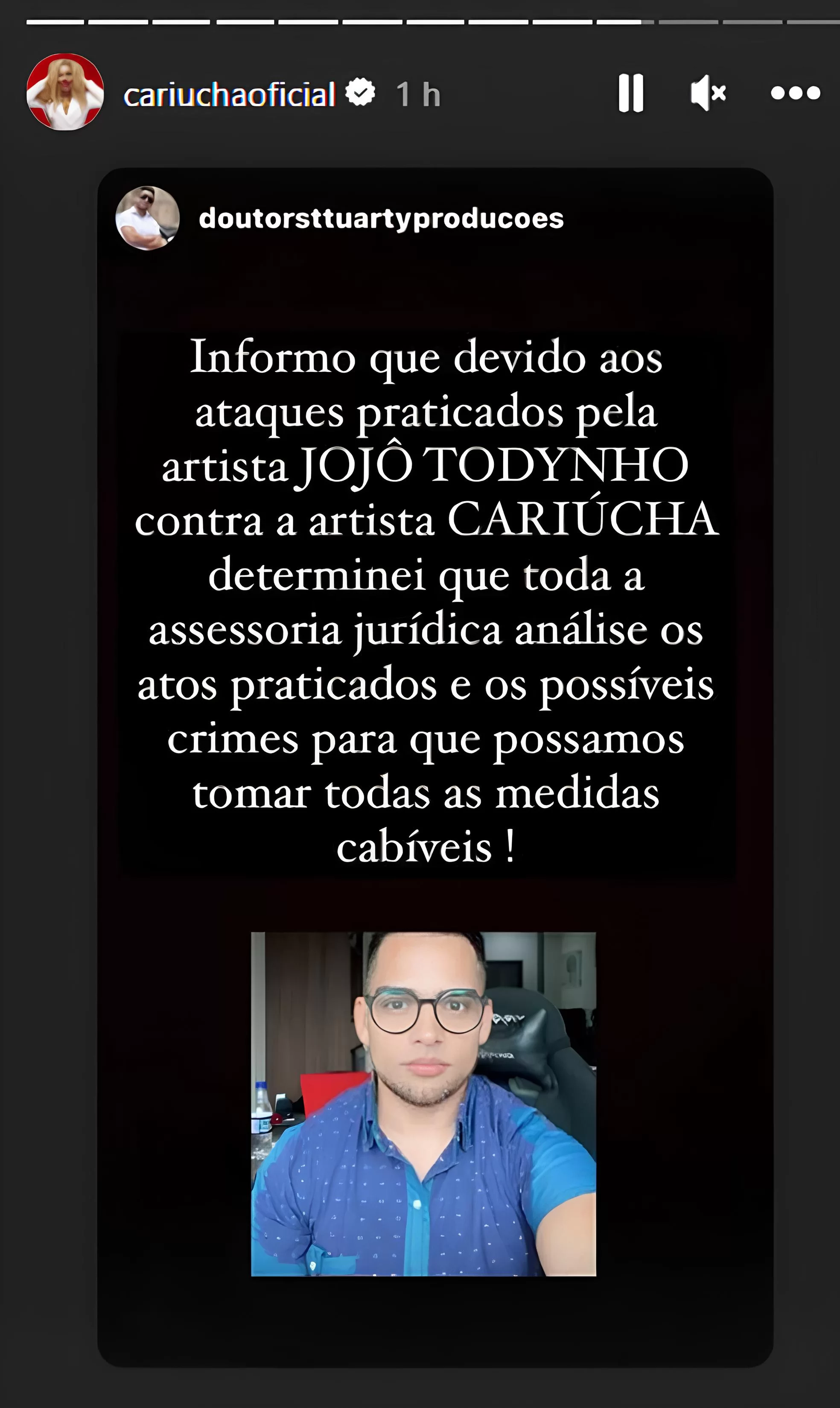 Print do storie de Cariúcha sobre medidas legais após discurso de Jojo Todynho (Foto: Reprodução/RevistaQuem/@cariuchaoficial) Lorena Bueri