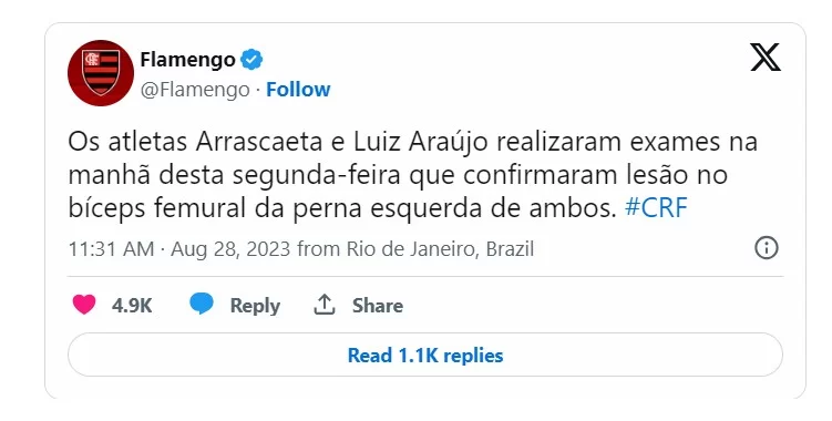 Postagem no Twitter da conta oficial do Flamengo