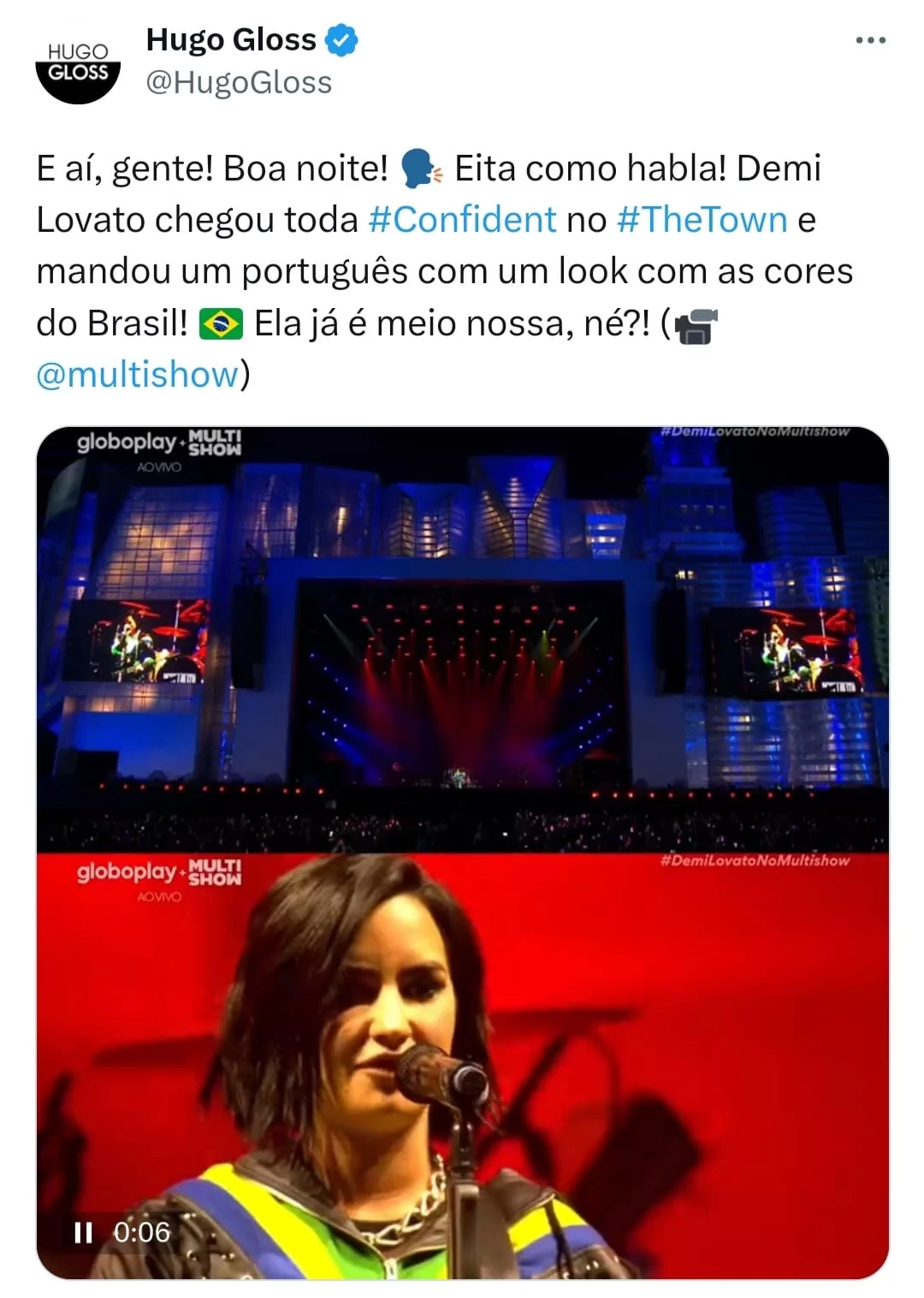 Demi Lovato sauda o Brasil e abre show com ''Confident''. (Reprodução/Twitter @hugogloss)