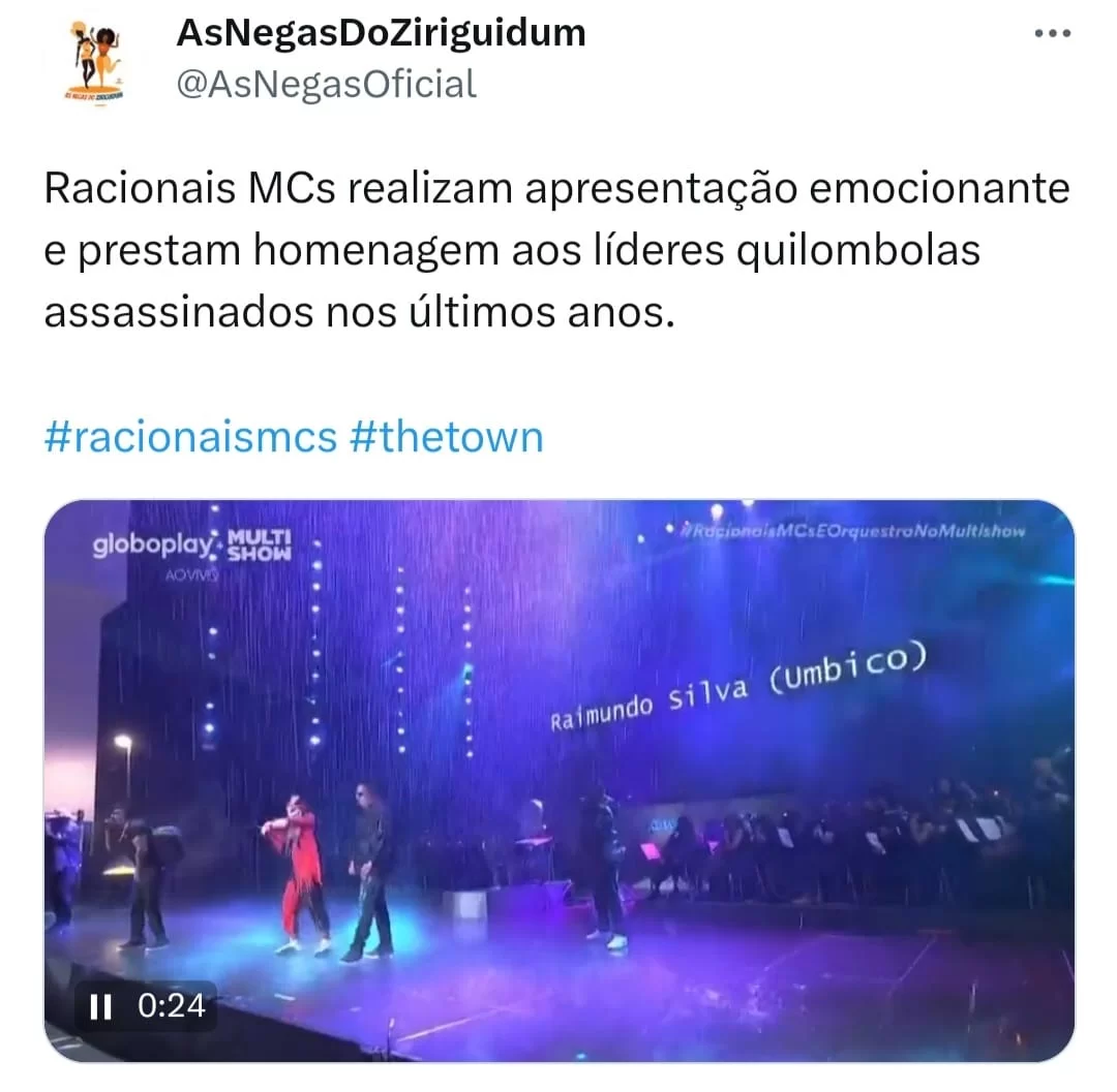 Racionais canta a memorável ''Negro Drama''. (Reprodução/Twitter @AsNegasOficial