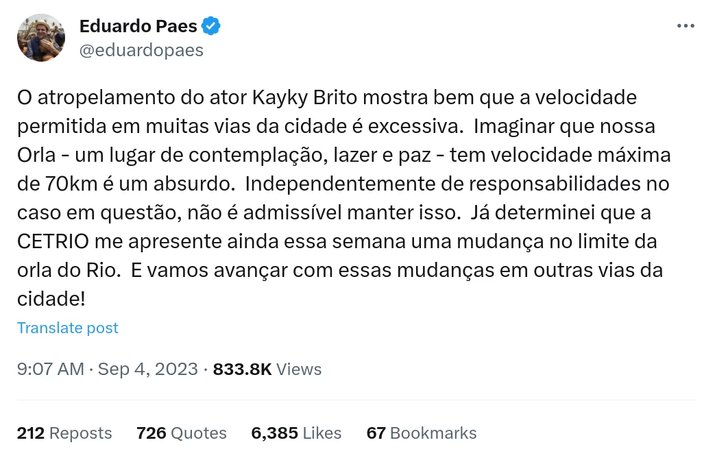 Eduardo Paes diz que diminuirá limite de velocidade em vias do Rio após atropelamento de Kayky Brito