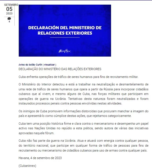 Comunicado do Ministério das Relações Exteriores de Cuba informa descoberta de rede de tráfico humano.