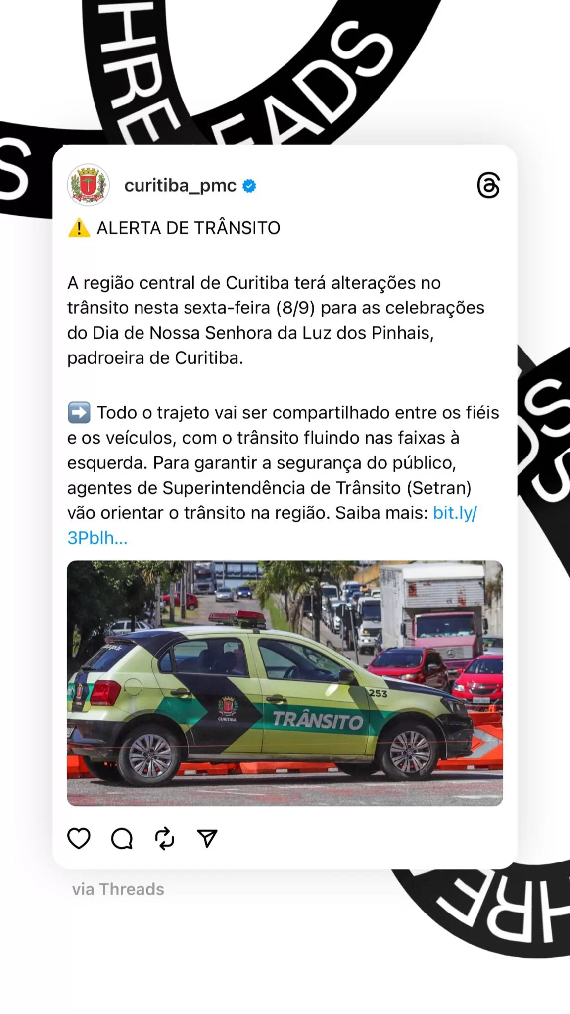 Anúncio de alterações no trânsito do Centro de Curitiba na sexta (8), dia da padroeira da cidade, Nossa Senhora da Luz dos Pinhais