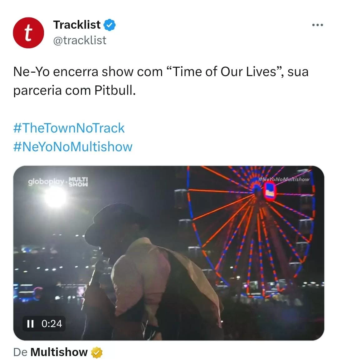 Ne-Yo encerra show com ''Time Of Our Lives''. (Reprodução/Twitter @tracklist)