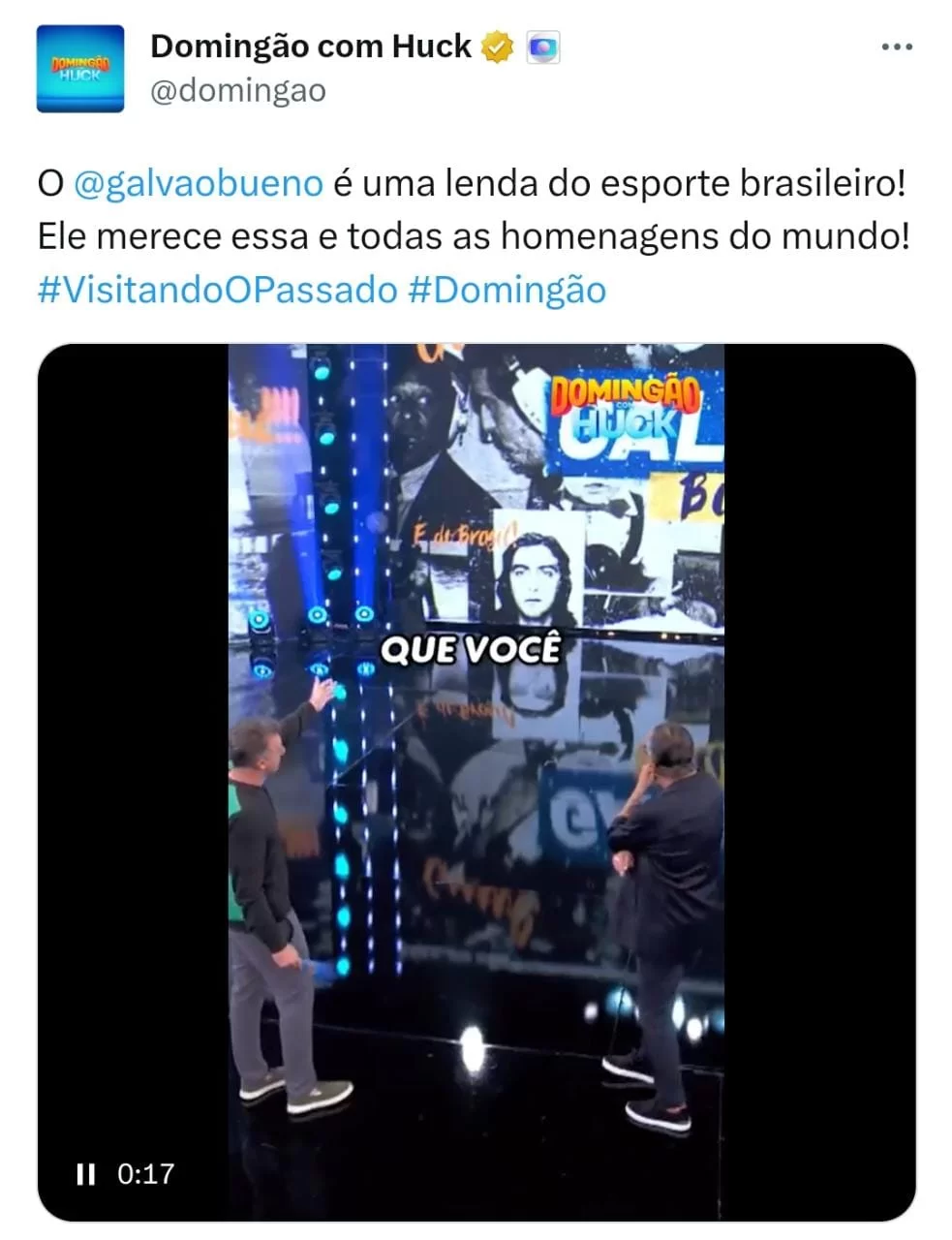 Galvão Bueno é homenageado no programa Domingão com Huck. (Reprodução/Twitter @domingao)
