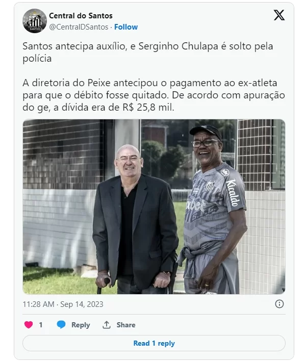 Santos ajuda Serginho Chulapa efetuar pagamento de dívida de pensão alimentícia