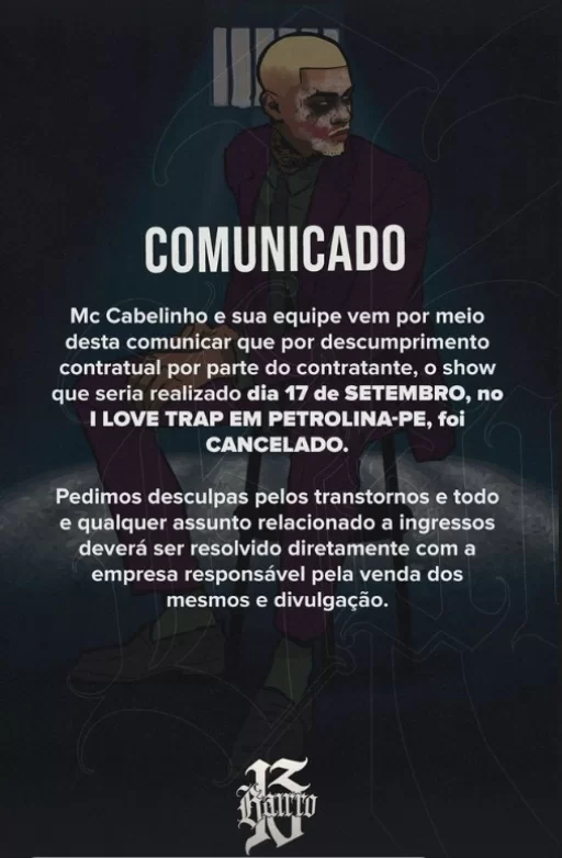 Equipe de Mc Cabelinho comunica nas redes sociais o cancelamento do show em Pernambuco