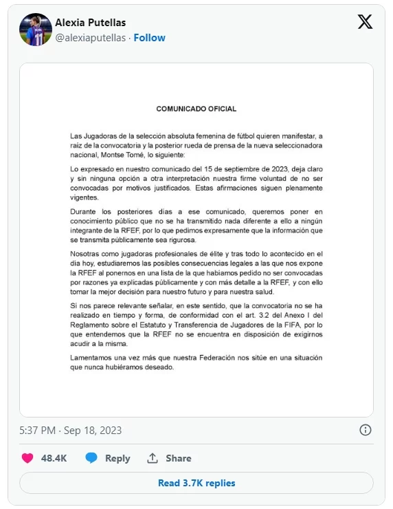Alexia Putellas publicou nas redes sociais um comunicado explicando a decisão de não aceitar o chamado da nova treinadora