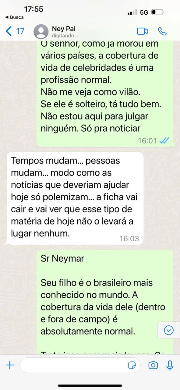 Conversa de Leo Dias e Neymar Pai sobre flagra em Neymar Jr. na balada. (Foto: Reprodução/Leodias) Lorena Bueri