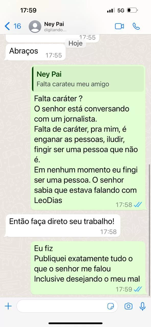 Conversa de Leo Dias e Neymar Pai sobre flagra em Neymar Jr. na balada. (Foto: Reprodução/Leodias) Lorena Bueri