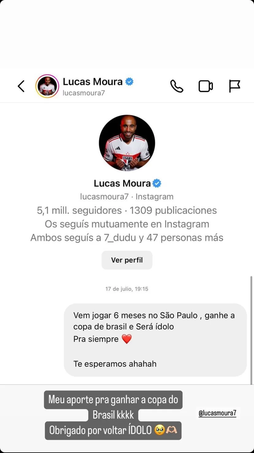 Mensagem de Calleri para Lucas Moura. Reprodução/Instagram/jocalleri