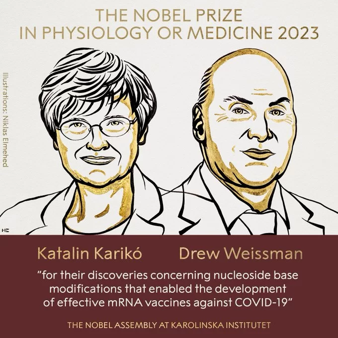 Karikó e Weissman foram laureados com o Prêmio Nobel em Medicina nesta segunda-feira (2) 