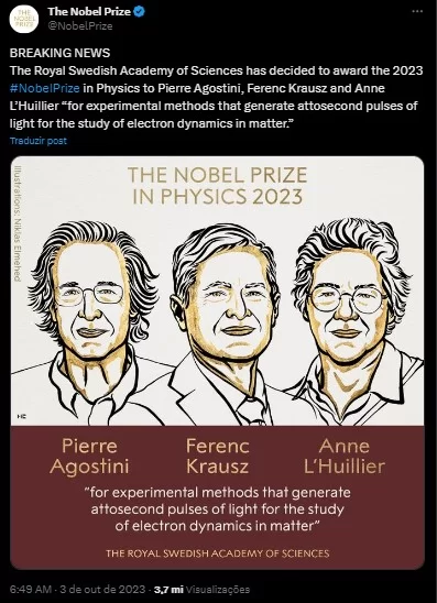 Publicação do perfil oficial do Prêmio Nobel, na plataforma X.