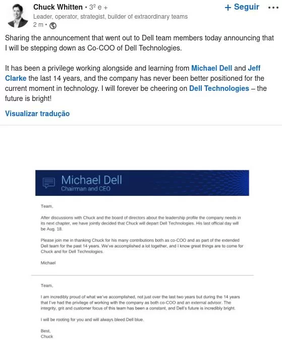 Chuck Whitten publicou sobre sua saída da Dell em agosto no Linkedin, apenas dois anos após ter assumido o cargo. Na terça-feira (3), a Diretora Global de Canais Rola Dagher também anunciou sua saída da empresa