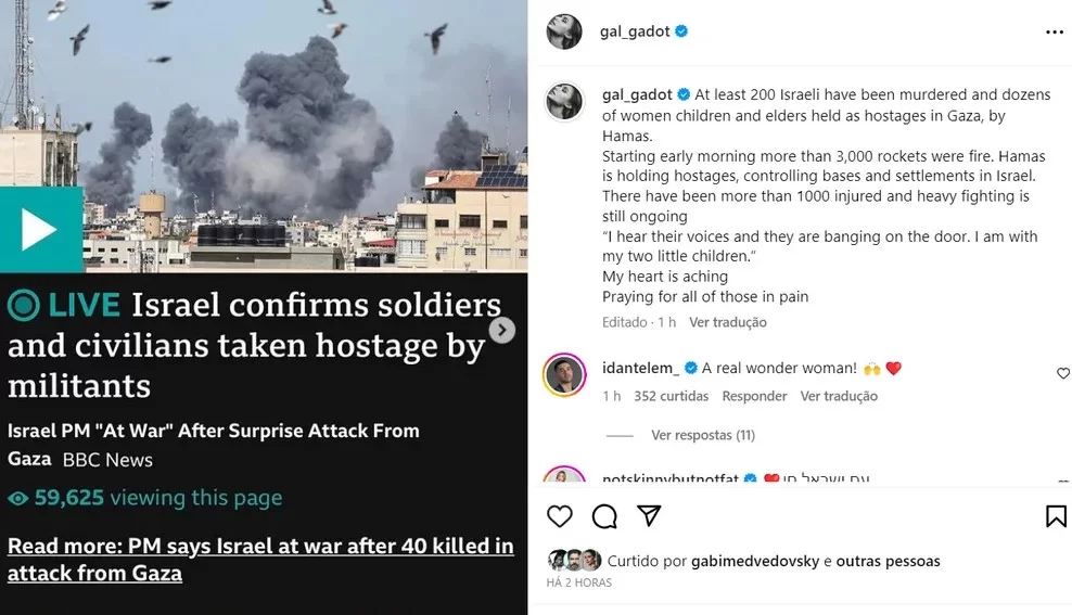 Postagem de Gal Gadot sobre os ataques do Hamas em Israell.