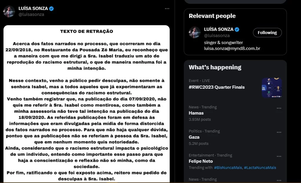 Retratação acordada no encerramento do processo sobre racismo que Luisa Sonza respondeu.