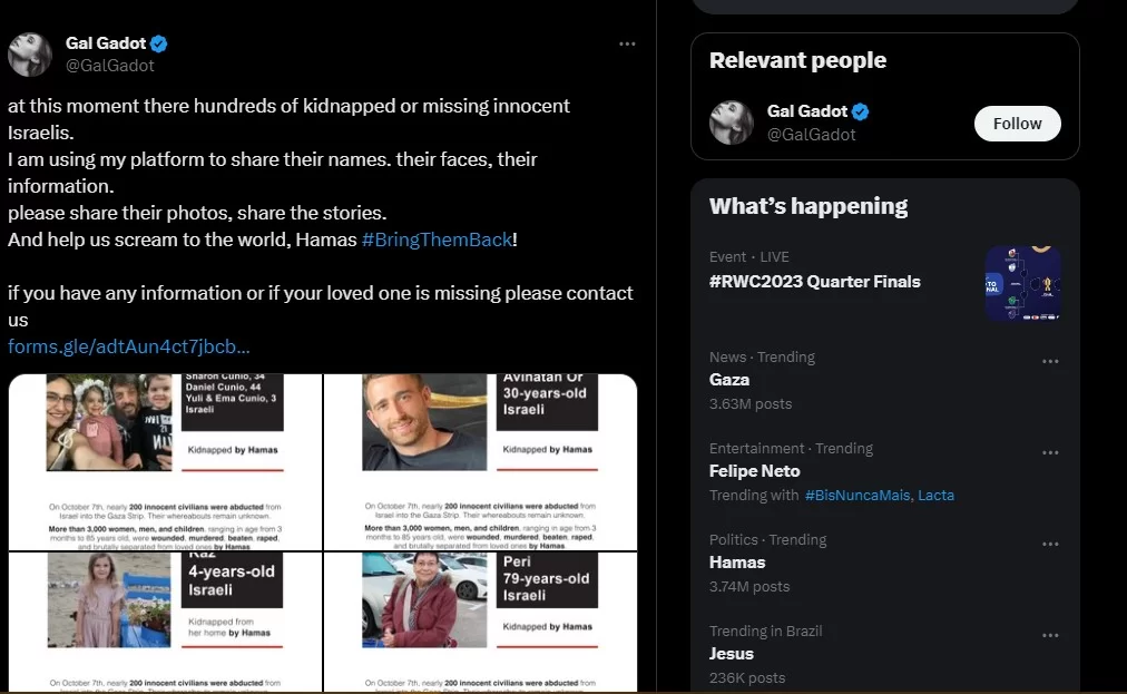 Post da atriz, Gal Gadot, fazendo apelo a seus seguidores para ajudarem na busca por desaparecidos na Faixa de Gaza