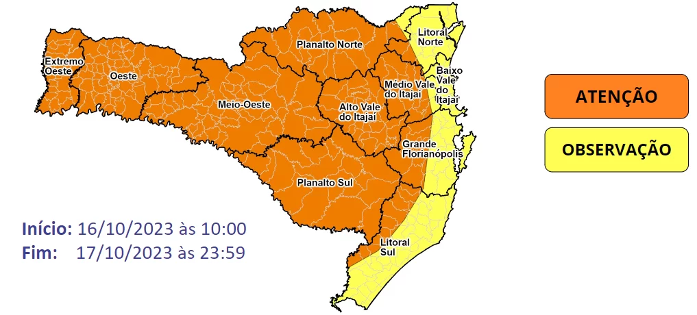 Defesa Civil alerta para chuvas intensas nesta semana em Santa Catarina, especialmente no Grande Oeste e no Planalto Sul