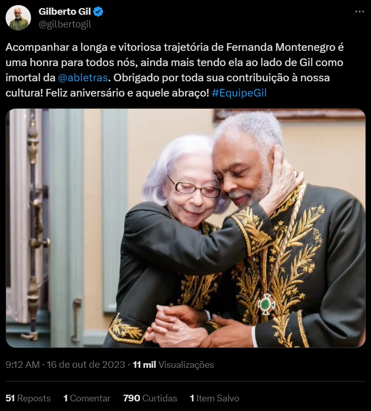 Homenagem de Gilberto Gil postada no Twitter/X (Foto: reprodução/X/@gilbertogil) Lorena Bueri