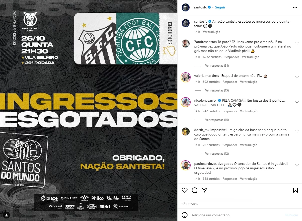 Santos em agradecimento ao time pelo esgotamento dos ingressos no próximo confronto contra o Coritiba