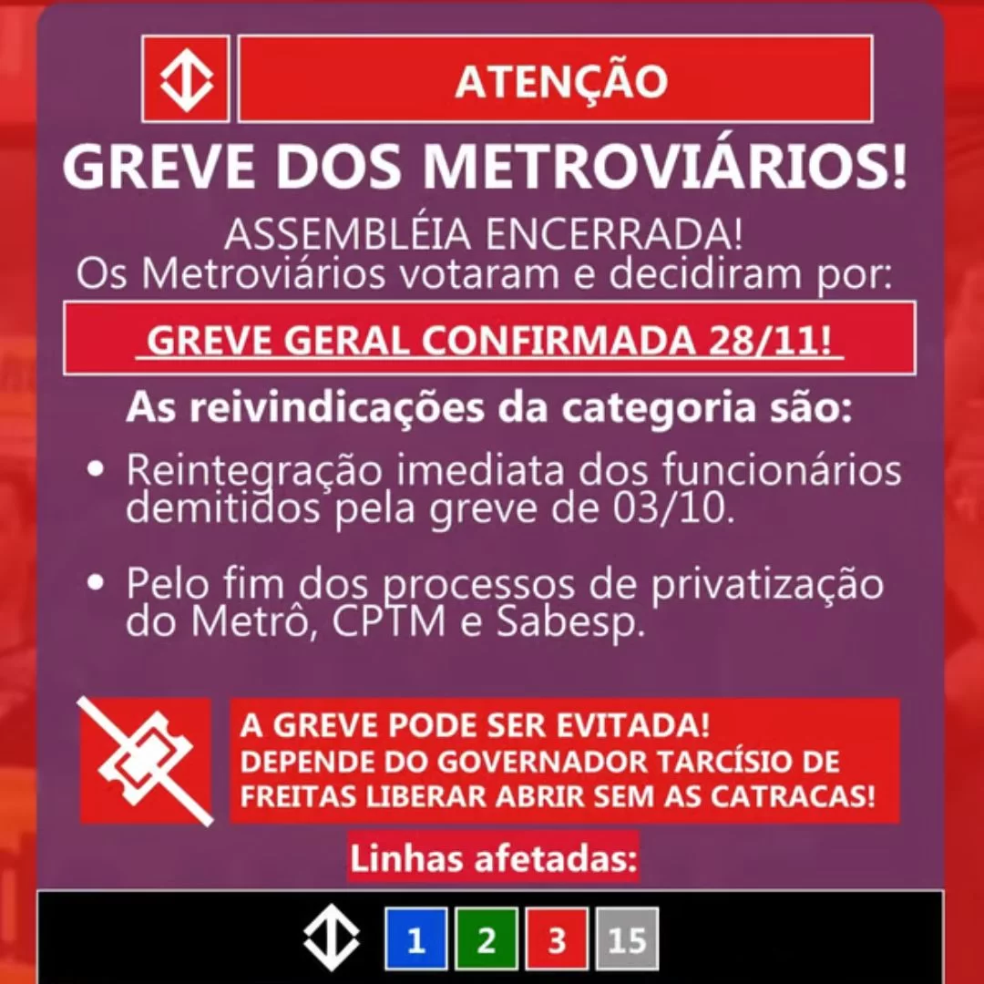Funcionários do Metrô, CPTM e Sabesp anunciam greve para esta terça-feira (28).