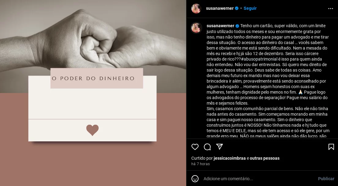 Publicação de Susana no Instagram