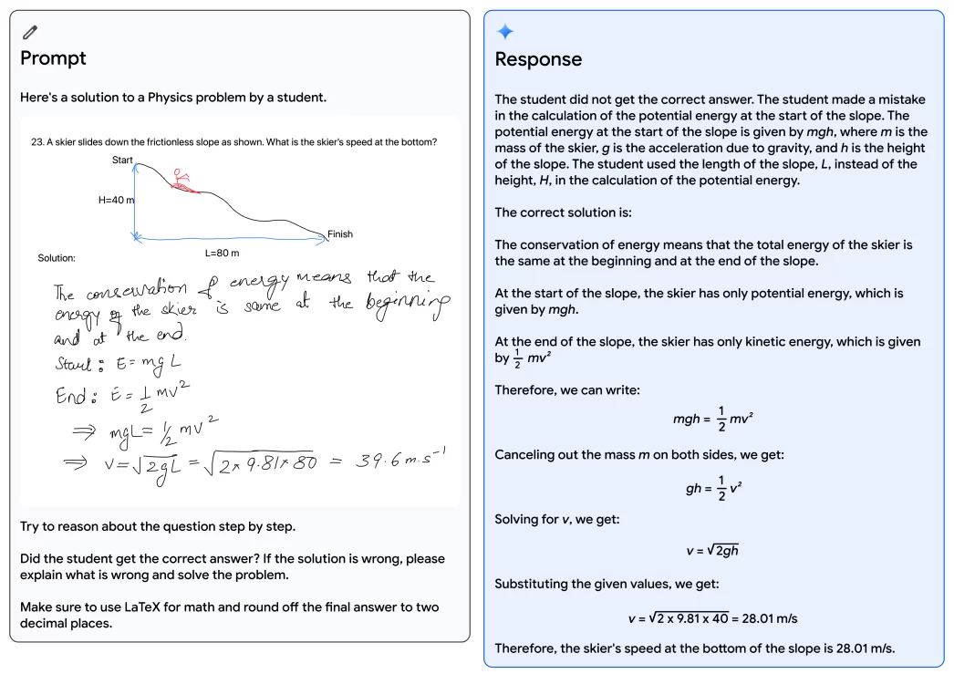 Exemplo de uso do Gemini integrado ao Bard com a resposta de um aluno para um problema de física