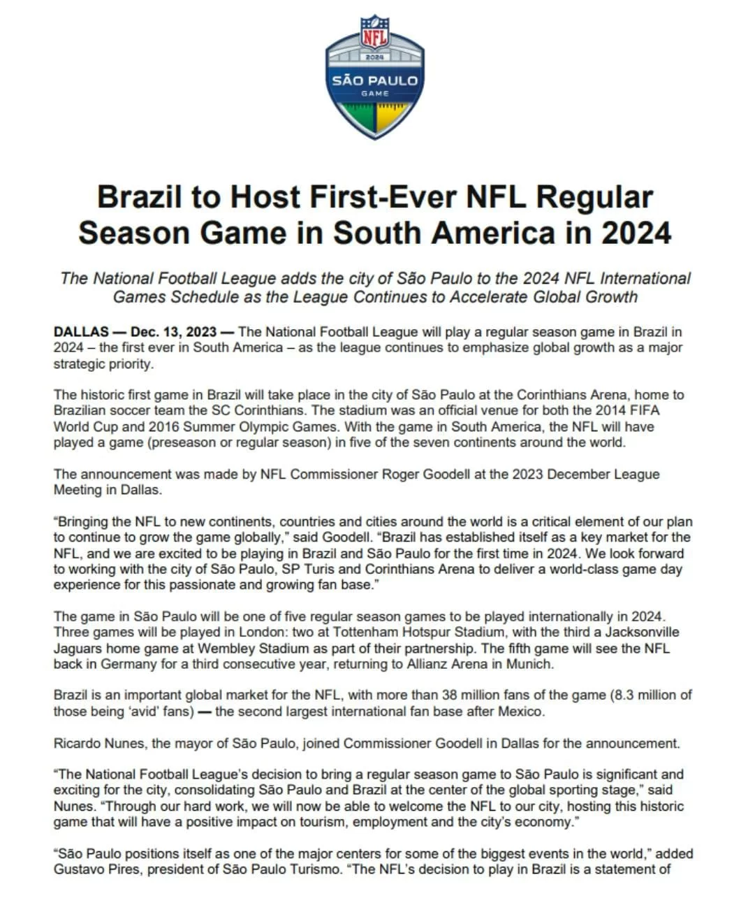 São Paulo, Brazil to host regular-season game during 2024 NFL season