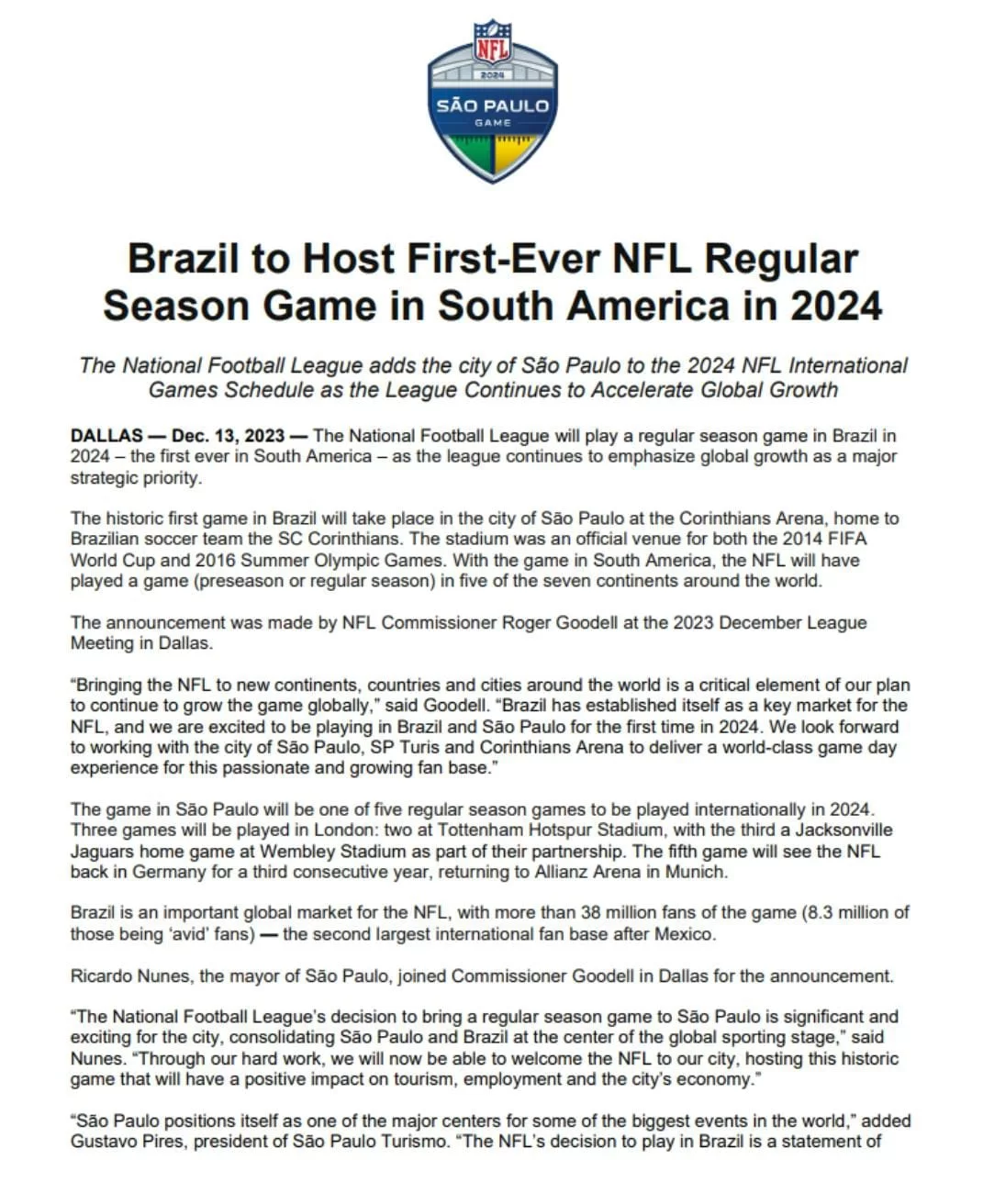 Brasil sediará primeiro jogo da temporada regular da NFL em 2024