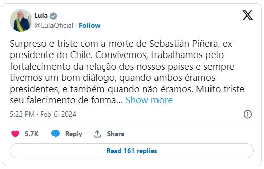 Tweet de Lula sobre morte de Piñera