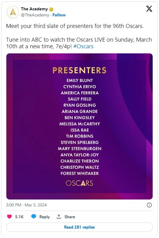 Lista de apresentadores do Oscar 2024