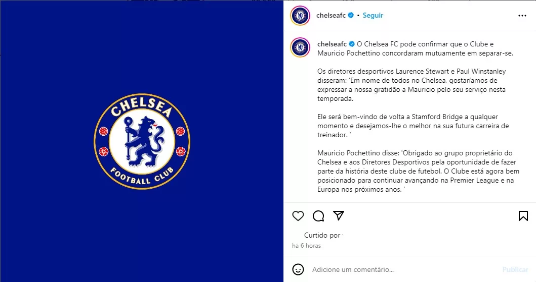 Comunicado oficial do Chelsea sobre a saída de Pochettino