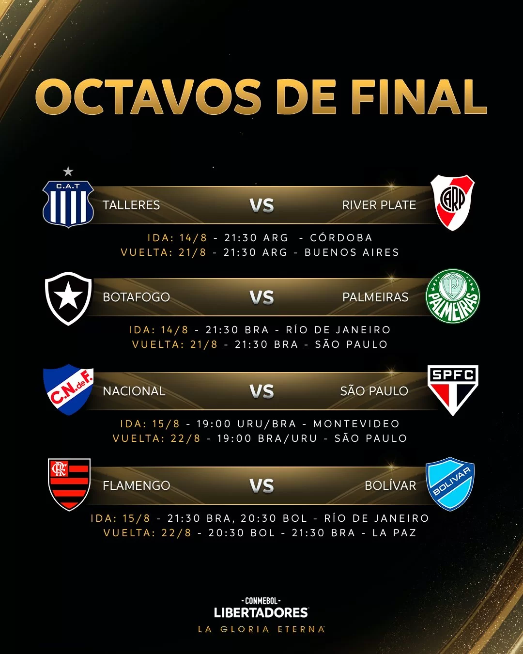 Data e horário dos jogos das oitavas de final (Reprodução/X/@ Libertadores) Lorena Bueri