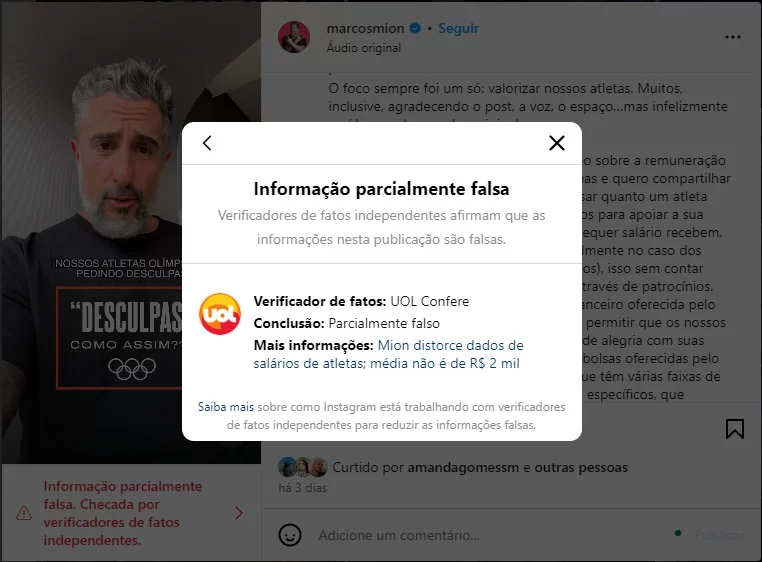 Post de Marcos Mion contém informações falsas