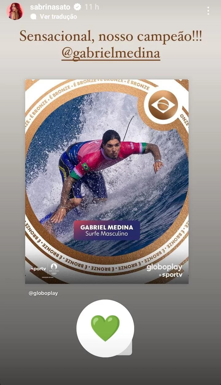 Sabrina Sato comemora a primeira medalha de Gabriel Medina em Olímpiadas (Foto: reprodução/Instagram/@Sabrinasato) Lorena Bueri